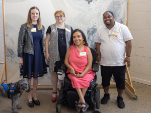 Photo of the keynote speaker and three panelists at the Lifeworks Disability Inclusion Breakfast. From left to right are keynote speaker, Michelle Lauren Anderson, Judy Moe, Brittanie Hernandez-Wilson, and Dupree Edwards. 