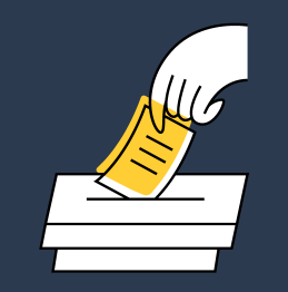 Navy blue background with illustrated image of a hand dropping a ballot in a box.